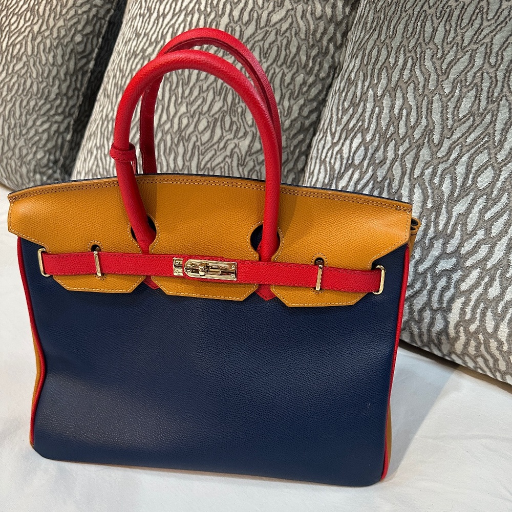 Angelo Carbotti Italian leather satchel handbag Red Gold Blue Crossbody 35cm